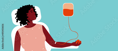 African blood donor with dropper, flat vector stock illusion with blood transfusion and care for migrant health