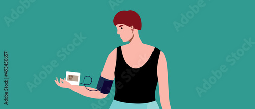 Self-pressure measurement with tonometer, flat vector stock illustration with young woman, blood pressure monitoring and pulse testing
