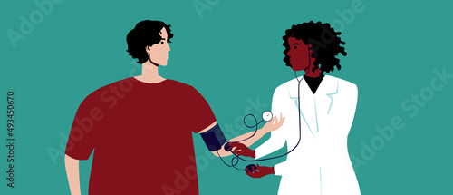 Measuring pressure to overweight patient, flat vector stock illustration with doctor in white coat and adult woman with hypertania, arrhythmia or hypotania