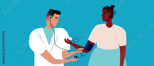 Pressure measurement for African migrant, flat vector stock illustration with doctor, stethoscope and tonometer