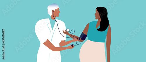 Measuring pressure of pregnant woman, flat vector stock illustration with doctor and patient with tonometer