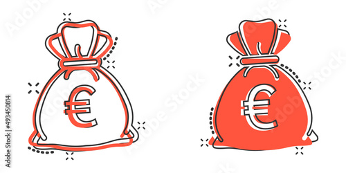 Money bag icon in comic style. Moneybag cartoon vector illustration on isolated background. Coin sack splash effect sign business concept.