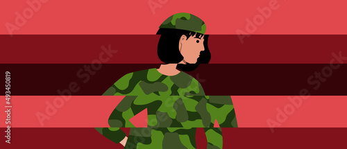 Woman in military uniform with PTSD, flat vector stock illustration with sad woman during stress or depression