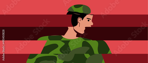 Military Man, Armenian with PTSD, Flat Vector Stock Illustration with Dapression and Mental Stress Disorder