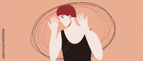 Woman with PTSD, Flat Vector Stock Illustration with Depression, Appatia and Stress Disorder