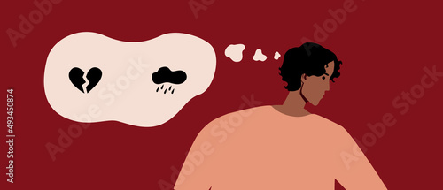 Woman with PTSD, flat vector stock illustration with sad thoughts, despair, symbol of rain and broken heart