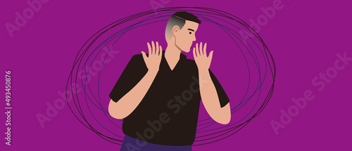 Man with mental problem or with PTSD, flat vector stock illustration with despair after military situation