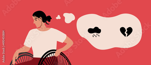 Disabled person with PTSD, flat vector stock illustration with woman in wheelchair in depression with post-traumatic stress disorder
