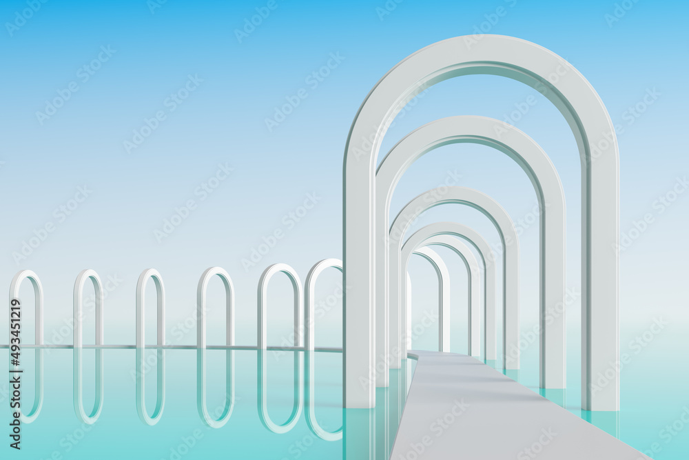 Concrete arch entrance White bridge and pier walkway on the green water in the sea with clear blue sky. Travel tourism in summer Places to stay and hotels concept. - obrazy, fototapety, plakaty 