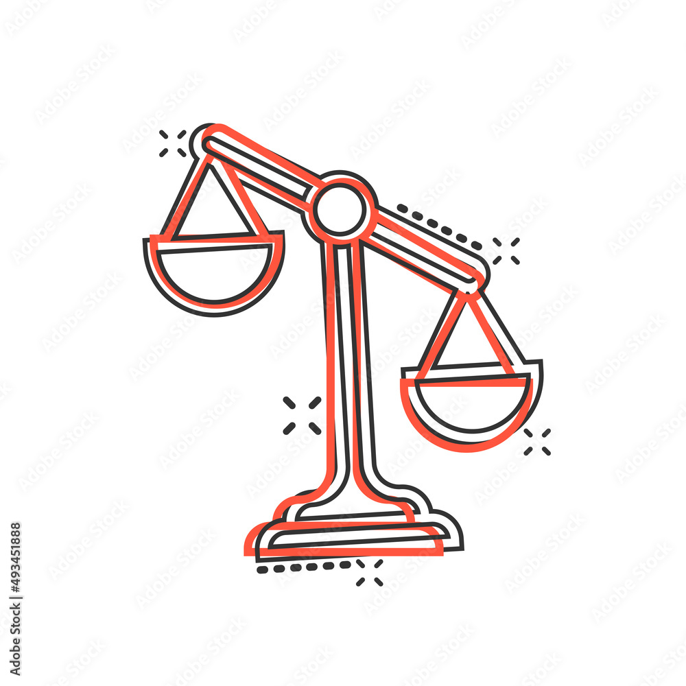 Scales icon in comic style. Libra cartoon vector illustration on isolated background. Mass comparison splash effect sign business concept. Scales icon in comic style. Libra cartoon vector illustration on isolated background. Mass comparison splash effect sign business concept.