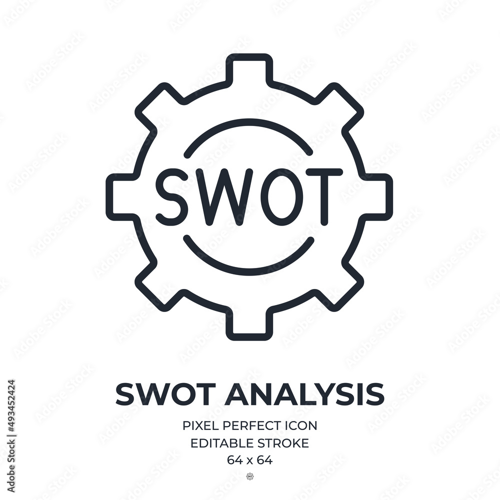 SWOT analysis cogwheel concept editable stroke outline icon isolated on white background flat vector illustration. Pixel perfect. 64 x 64..