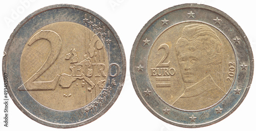 Austria - circa 2002: a 2 Euro coin of Austria with a map of Europe and a portrait of the writer Bertha von Suttner photo