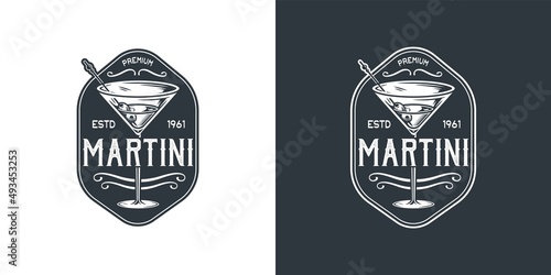 Drink martini cocktail with olives for alcohol bar. Monochrome design with glass of martini for party