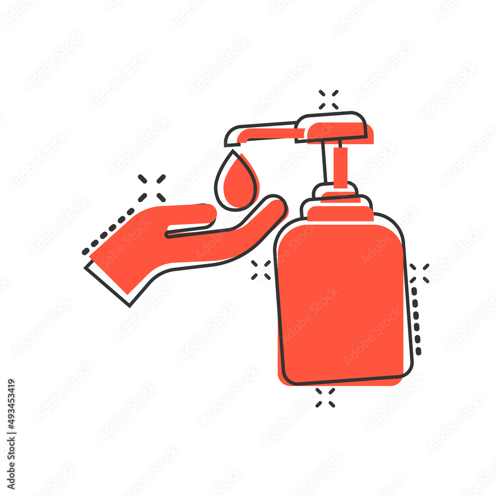 Hand sanitizer icon in comic style. Antiseptic bottle cartoon vector illustration on isolated background. Disinfect gel splash effect sign business concept. Hand sanitizer icon in comic style. Antiseptic bottle cartoon vector illustration on isolated background. Disinfect gel splash effect sign business concept.