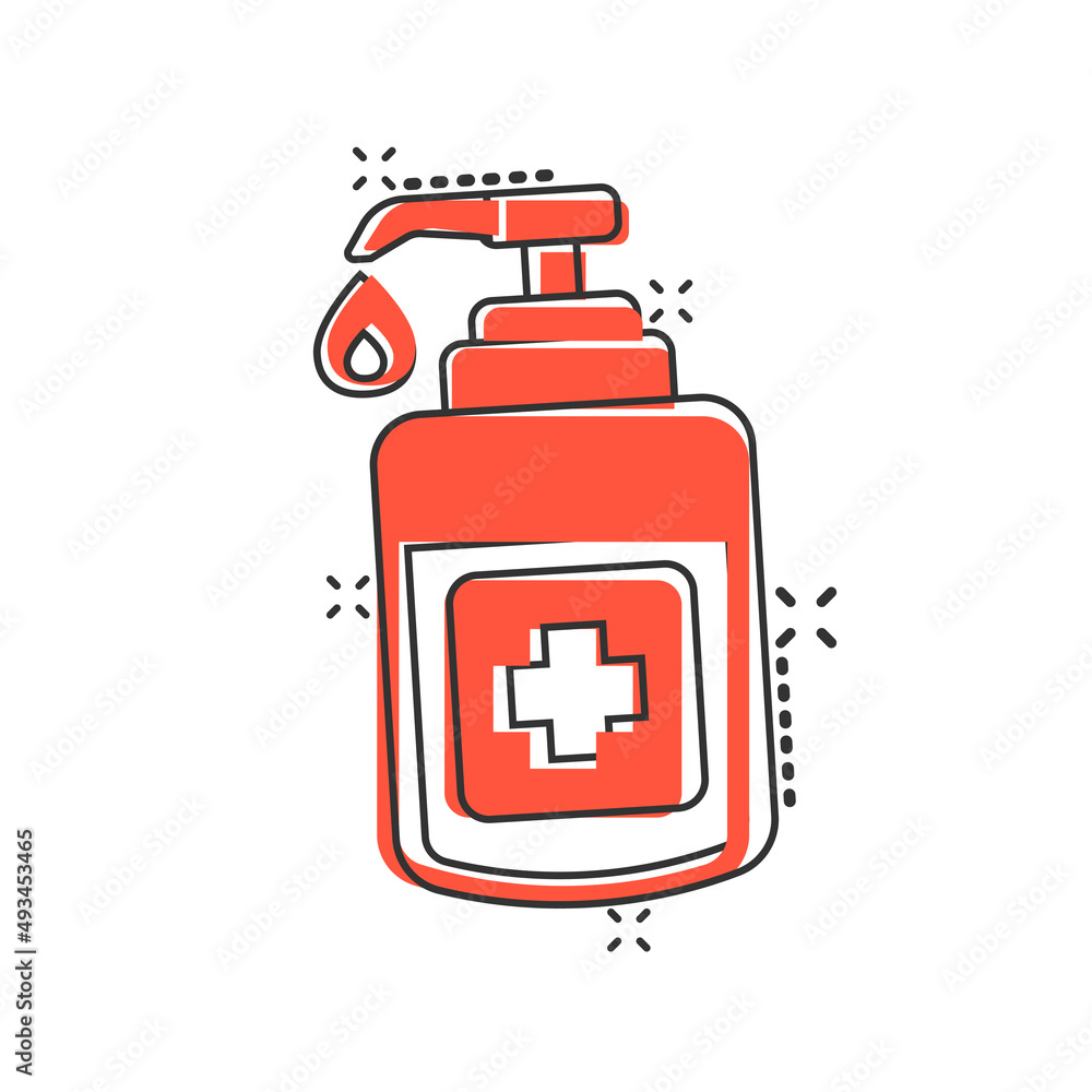 Hand sanitizer icon in comic style. Antiseptic bottle cartoon vector illustration on isolated background. Disinfect gel splash effect sign business concept. Hand sanitizer icon in comic style. Antiseptic bottle cartoon vector illustration on isolated background. Disinfect gel splash effect sign business concept.