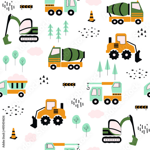 Cartoon childish transport seamless pattern. Hand drawn cute cars. Vector truck, excavator, loader, bulldozer and concrete mixer. Creative kids print.