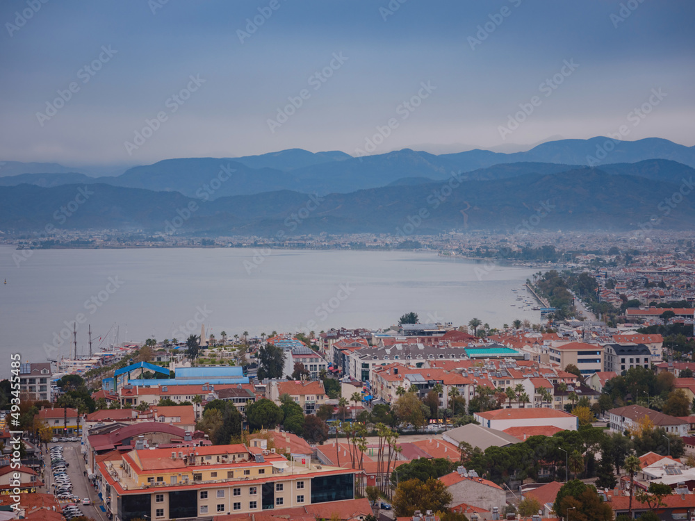 Aerial view popular tourist city of Fethiye landscape and cityscape. View from top. Fethiye, Mediterranean sea, Turkey.