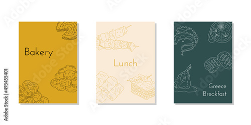 Hand-drawn poster set with traditional Greece cuisine dish and desserts set. Design sketch element for menu cafe, bistro, restaurant, bakery, packaging, flyer or poster. Vector illustration.