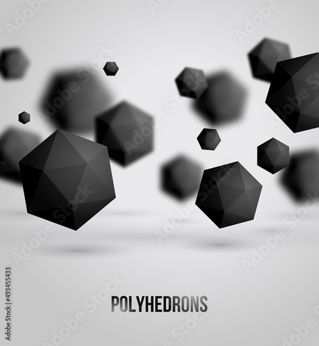 Abstract black geometric shapes on bright background. Vector illustration. Polyhedrons. Crystals. Technology or scientific backdrop. Place for your text.