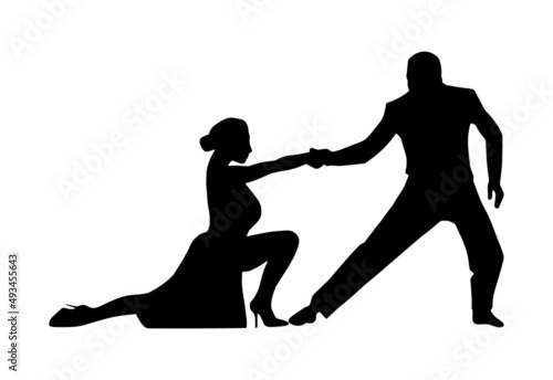 Latin dance couple, graphic shadow silhouette icon, simple isolated person dancing, music party logo design element, sensual elegant pictogram print template, classic rumba or tango performance.