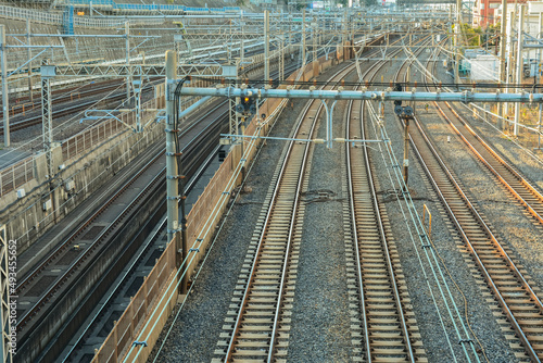 View of the numerous rail tracks from the Shimogoinden Bridge in Nippori, just outside of Nippori Station's north exit, Arakawa City, Tokyo, Japan