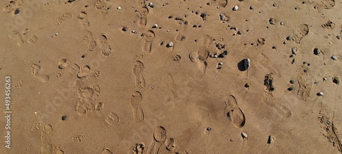 footprints on the humid sands with stones.
