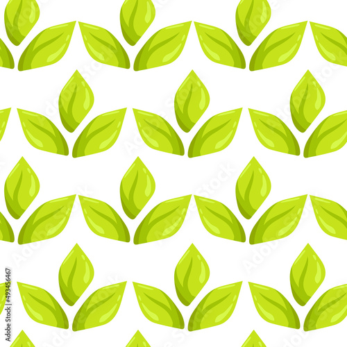 Vector seamless pattern with cartoon green leaves, flat isolated background wallpaper, doodle nature tea tree leaf, wrapping paper drawing. Colorful plant illustration, botanical textile print.