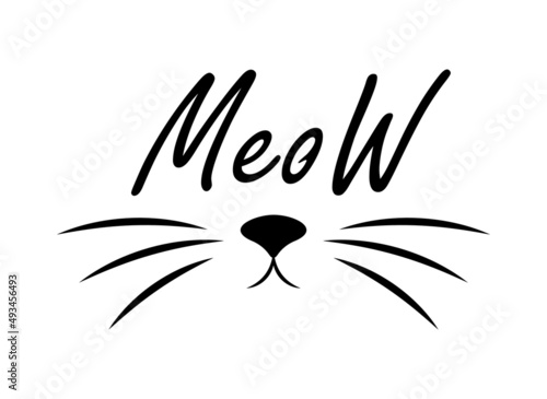 Cat meow print, simple t-shirt design template, black line art cute fun animal kitty head, nose and whisker mustache. Simple doodle graphic isolated vector illustration. Hand drawn pet poster.