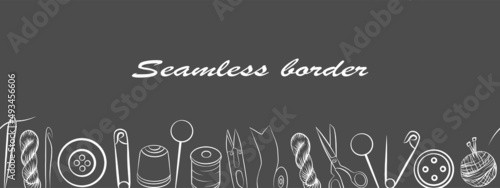 Sewing tools outline set, vector seamless border frame pattern template, simple line art graphic isolated icon. Crafts and handmade tailoring backdrop. Doodle sketch drawing.