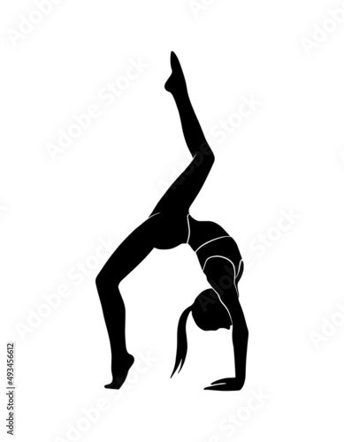 Vector illustration with woman doing physical activity. Healthy girl fit shadow shape isolated on white background. Fitness  yoga and meditation logo. Healthy lifestyle at home and in the studio print
