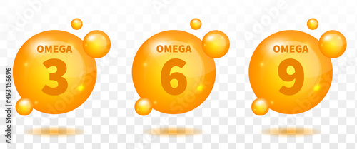 Set of gold drops icons Omega Three, Six And Nine. Polyunsaturated fatty Omega-3, Omega-6, Omega-9. Natural Fish, Organic Vitamin, Nutrient. Omega Fatty Acid, EPA, DHA. Vitamin drop pill capsule
