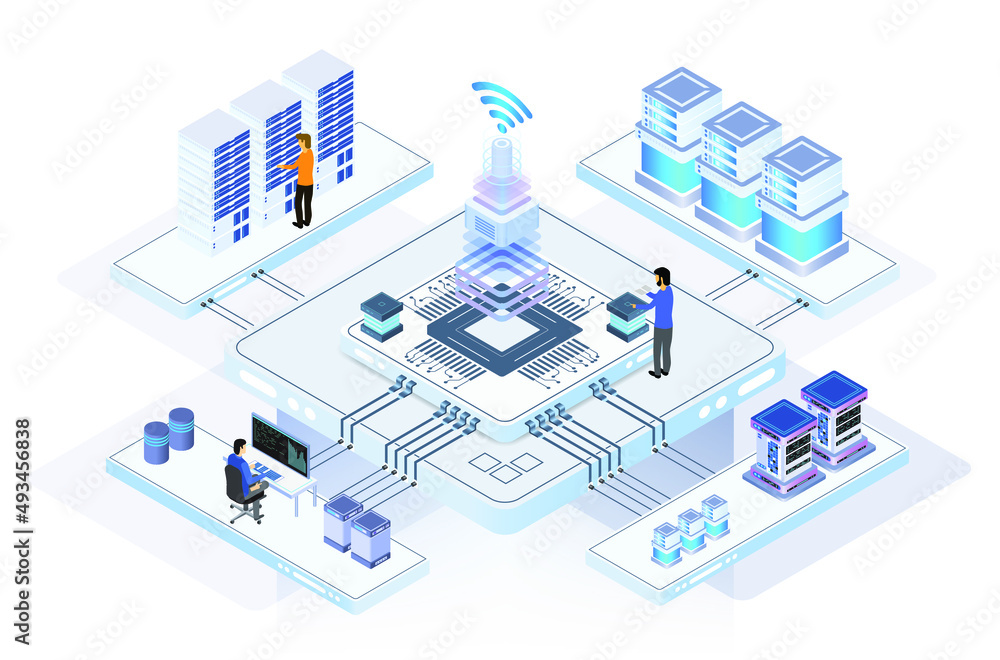 Data center or server room processing data operation with security protection and maintenance with isometric design style - vector
Data center or server room processing data operation with security protection and maintenance with isometric design style - vector