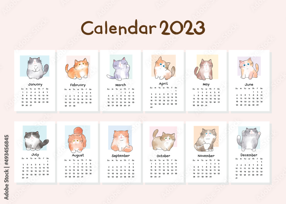 Calendar 2023 Collection with Vector Illustration of Hand Drawn Cartoon Cat, Watercolor Painted Design.