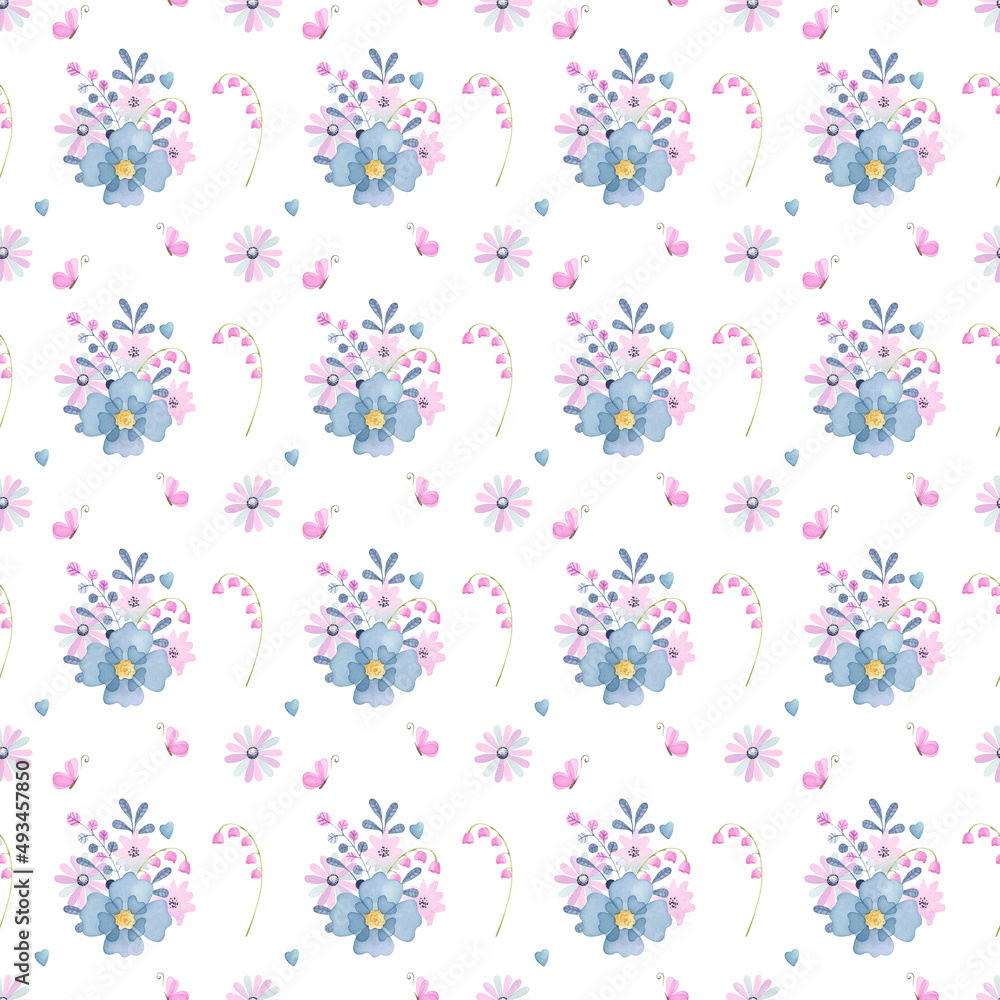 Watercolor with blue, pink flowers and greenery. Watercolor with blue, pink flowers and greenery.