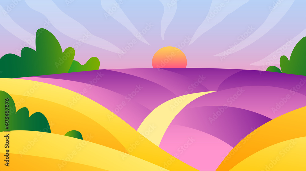 Rural landscape vector illustration. Farm agriculture colorful concept. Horizon view of wheat hills valley. Sunny day summer weather. Sunset meadow outdoor wallpaper. Countryside lavender field scene.