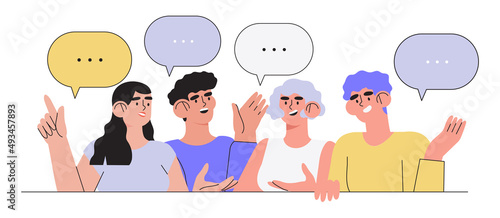 Productive business conversation between men and women. Art of corporate communication between coworkers, manager and team. Set of people talking or having lively discussion in office or meeting.