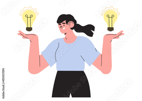 Vector business illustration of woman with lightbulb choising right one, makind decision isolated on white background. The concept of idea, brainstorm, thinking, solution, eureka, bingo.