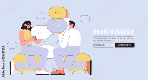 Productive dialogue or conversation between man and woman. Art of business and corporate communication between coworkers, manager and team. People or couple talk or have lively discussion in office.