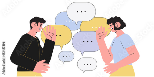 Productive dialogue or conversation between man and woman. Art of business and corporate communication between coworkers, manager and team. People or couple talk or have lively discussion in office.