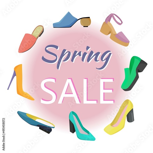 Vector collection of women's shoes, spring sale banner. Heeled shoes, sandals, mules, loafers.