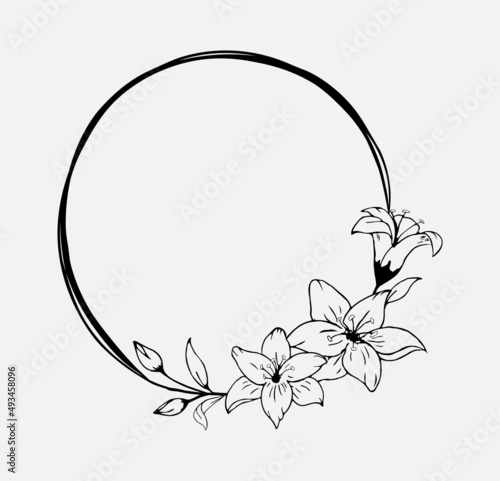 Hand drawn black lily flower round wreath in cute doodle style. Luxury elegant vector illustration for postcard, wedding invitations, birthday, quotes, thank you card, cosmetics. Copy space for text.