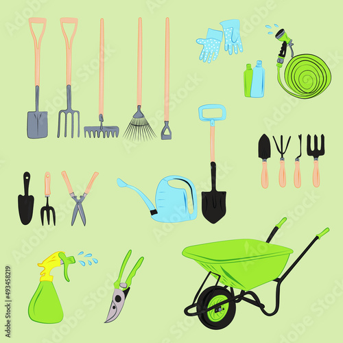  Vector isolated garden tools set - pruning shears, trowel, cultivator tool. Gardening and seeding activities hand drawing icons set.  Garden tools. Spring activity tools set