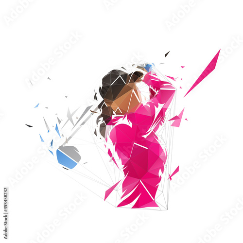 Golf, female golfer logo, isolated low polygonal vector illustration, geometric drawing from triangles. Golf swing. Young active woman