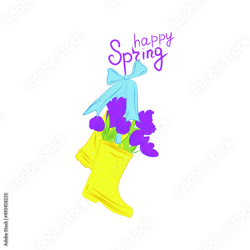 Bouquet of tulips in yellow rubber boots. Gardening banner. Spring purple flowers.  Gardener's boots for the garden passage. Happy spring banner. Perfect for holiday cards, invitations and posters.