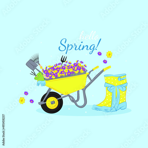 Hello Spring. Spring Gardening tools. Vector.  Gardener's boots for the garden passage. Planting flowers. Yellow high clean rubber boots. Gardening, autumn. Flat style. 