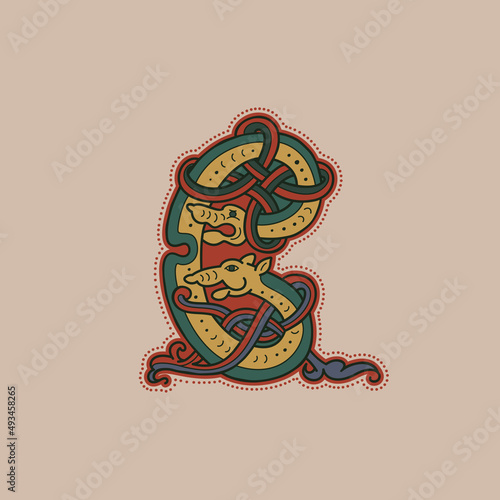 Medieval initial C letter logo made of twisted beast and spiral pattern.