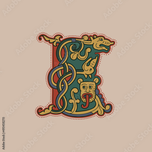 Medieval initial E letter logo made of twisted lion, beast, and spiral pattern.