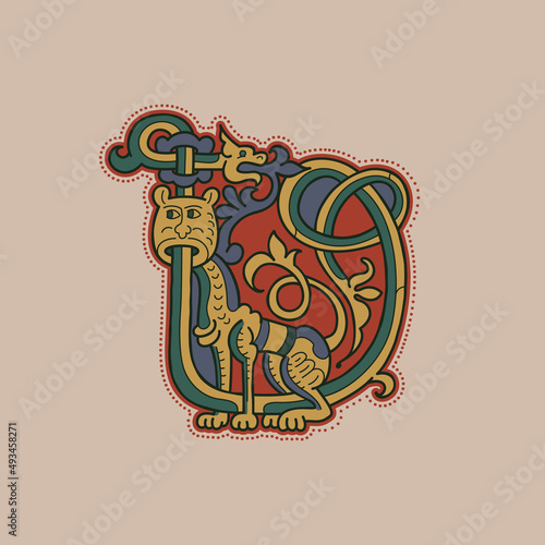 Medieval initial D letter logo made of twisted lion, beast, and spiral pattern.