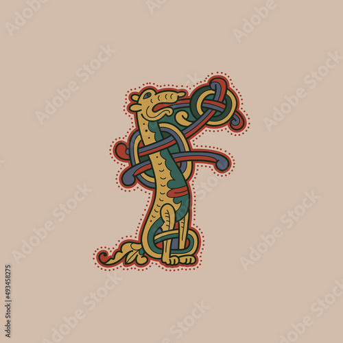 Medieval initial F letter logo made of twisted beast and spiral pattern.