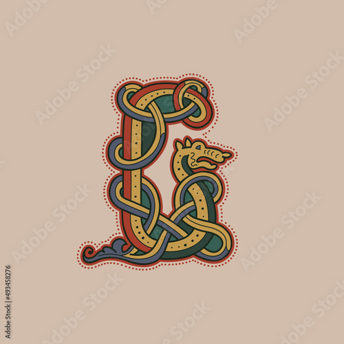 Medieval initial G letter logo made of twisted beast and spiral pattern.